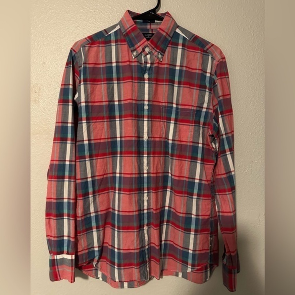 J. Crew Summer Plaid Slim Fit Red Green Blue Dress Shirt Button Up Down